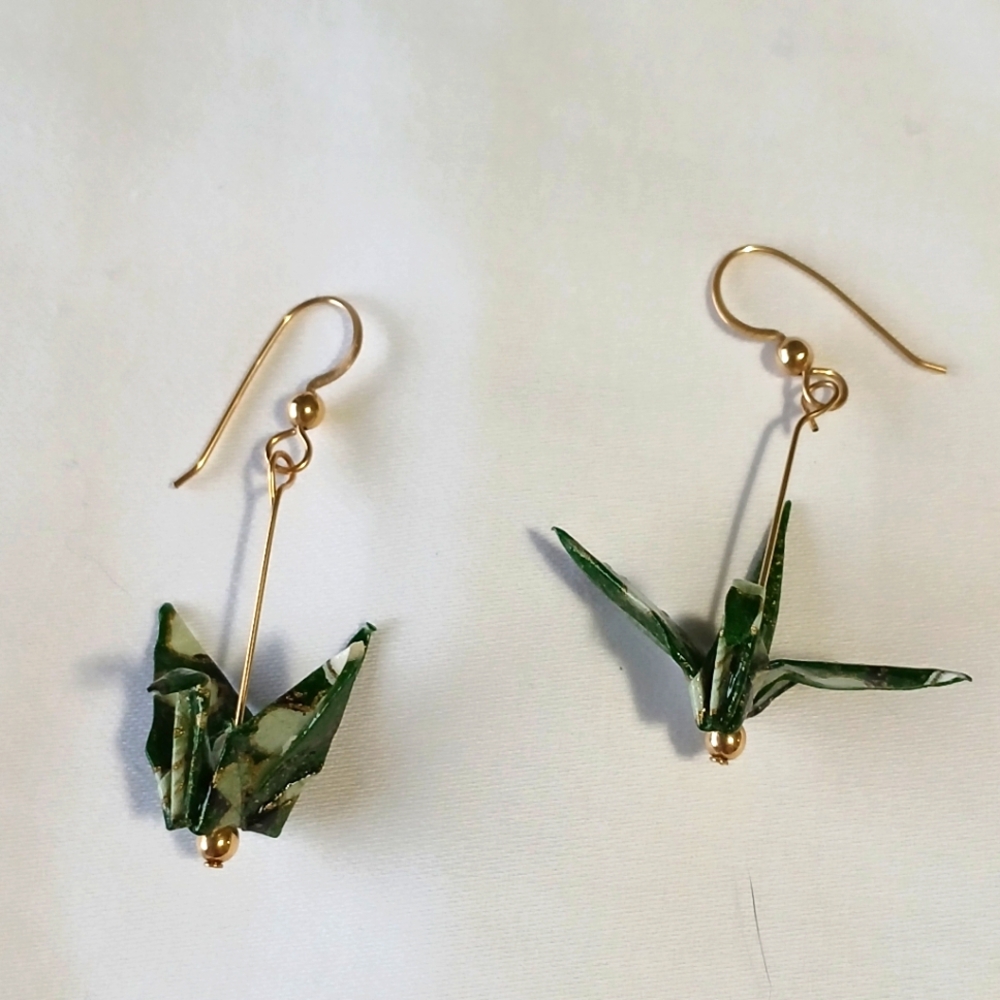 Elegant Gold and Green Origami Crane Earrings